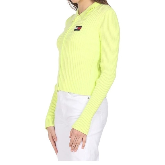 Tommy Hilfiger Zip Thru Rib Knit Cardigan in Neon Green - Picture 2 of 6